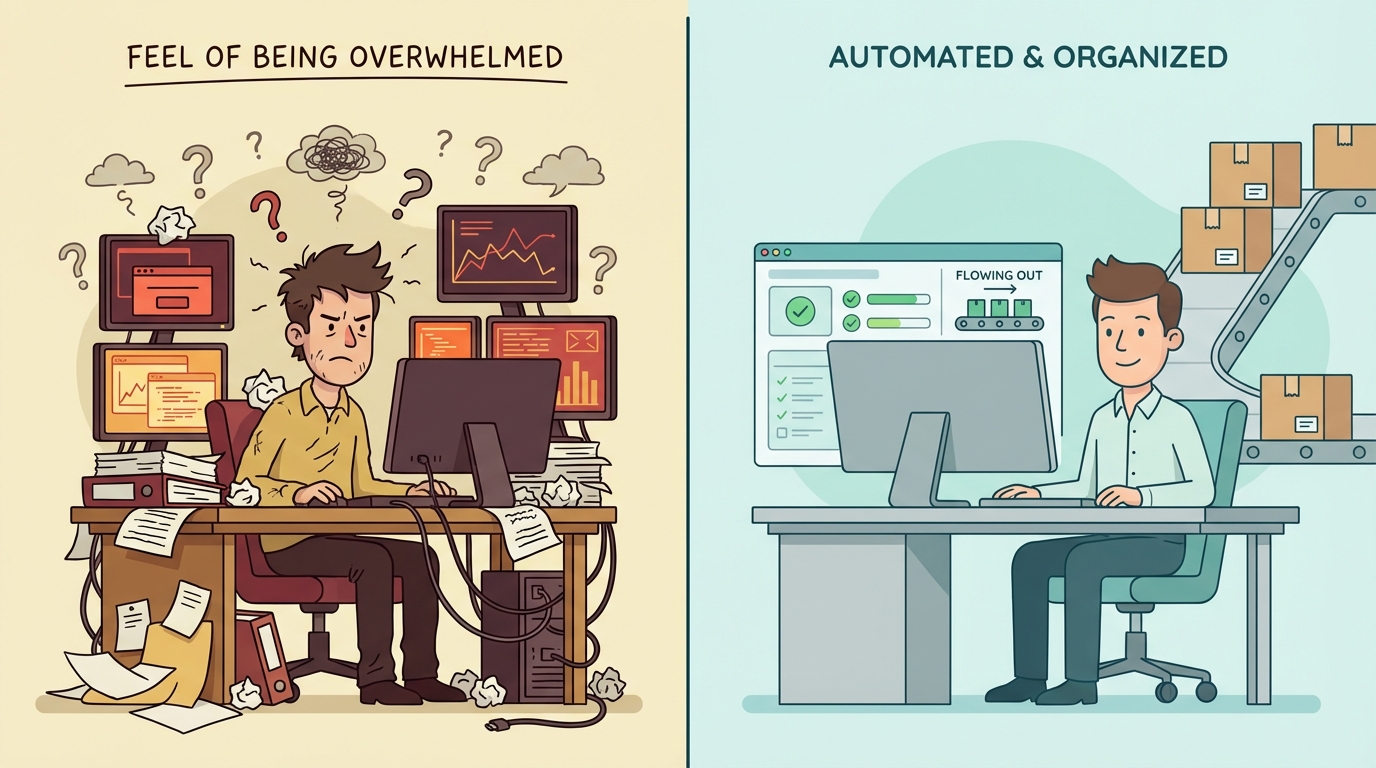 Manual vs automated custom apparel operations showing overwhelmed merchant versus organized automated workflow