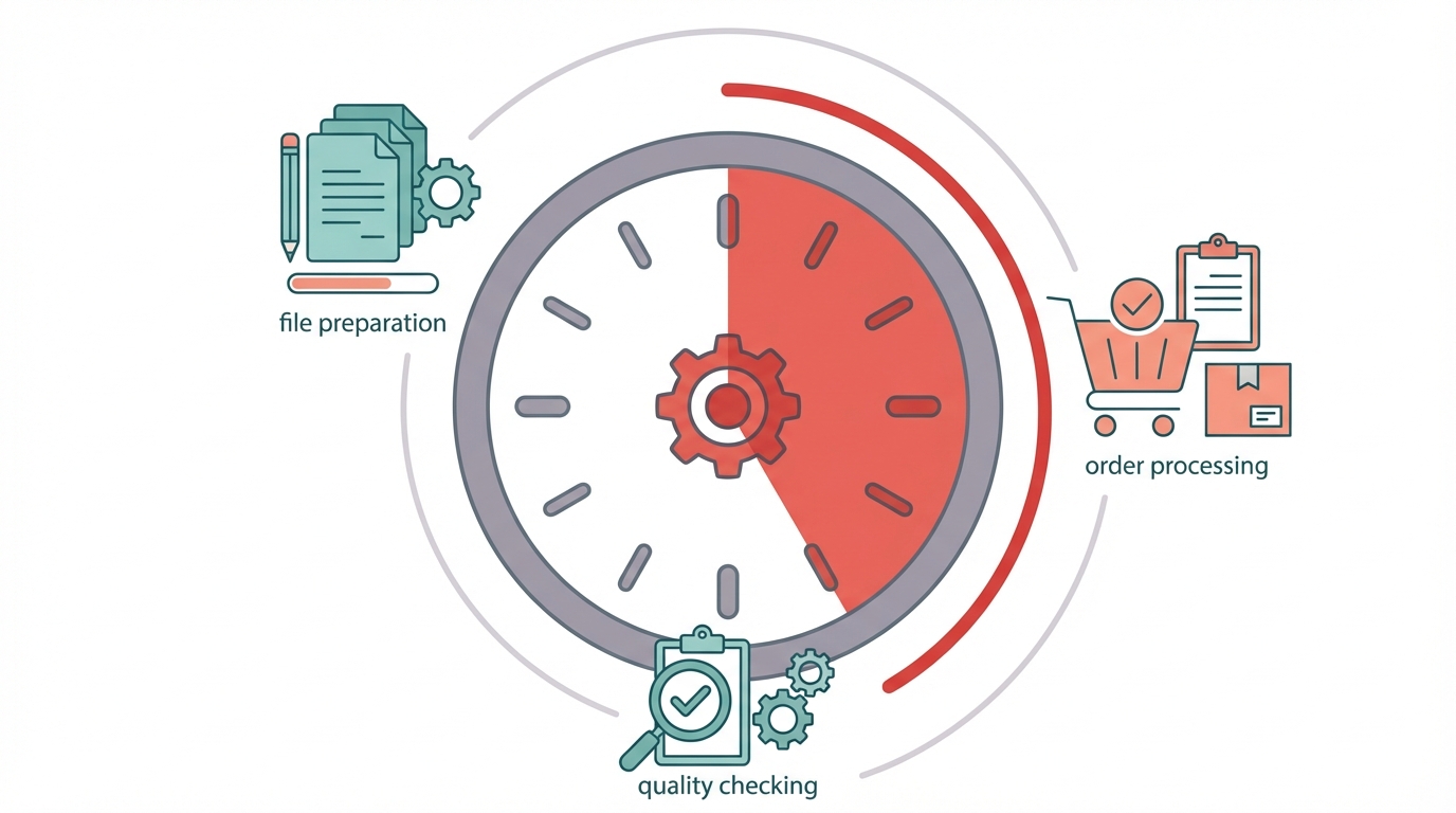 Clock showing manual order processing time consumed by file preparation, order processing, and quality checking
