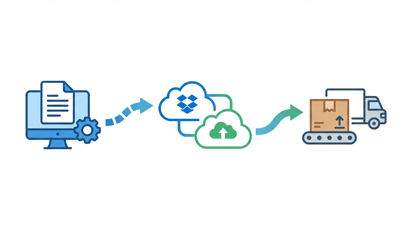 Three-phase automation workflow from file export to cloud delivery to fulfillment