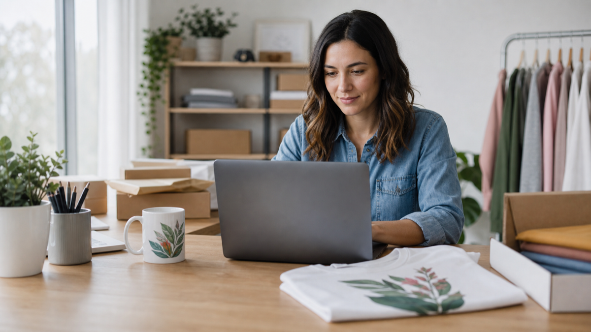 Small e-commerce business owner reviewing custom product orders on a laptop with a printed t-shirt and custom mug on the desk