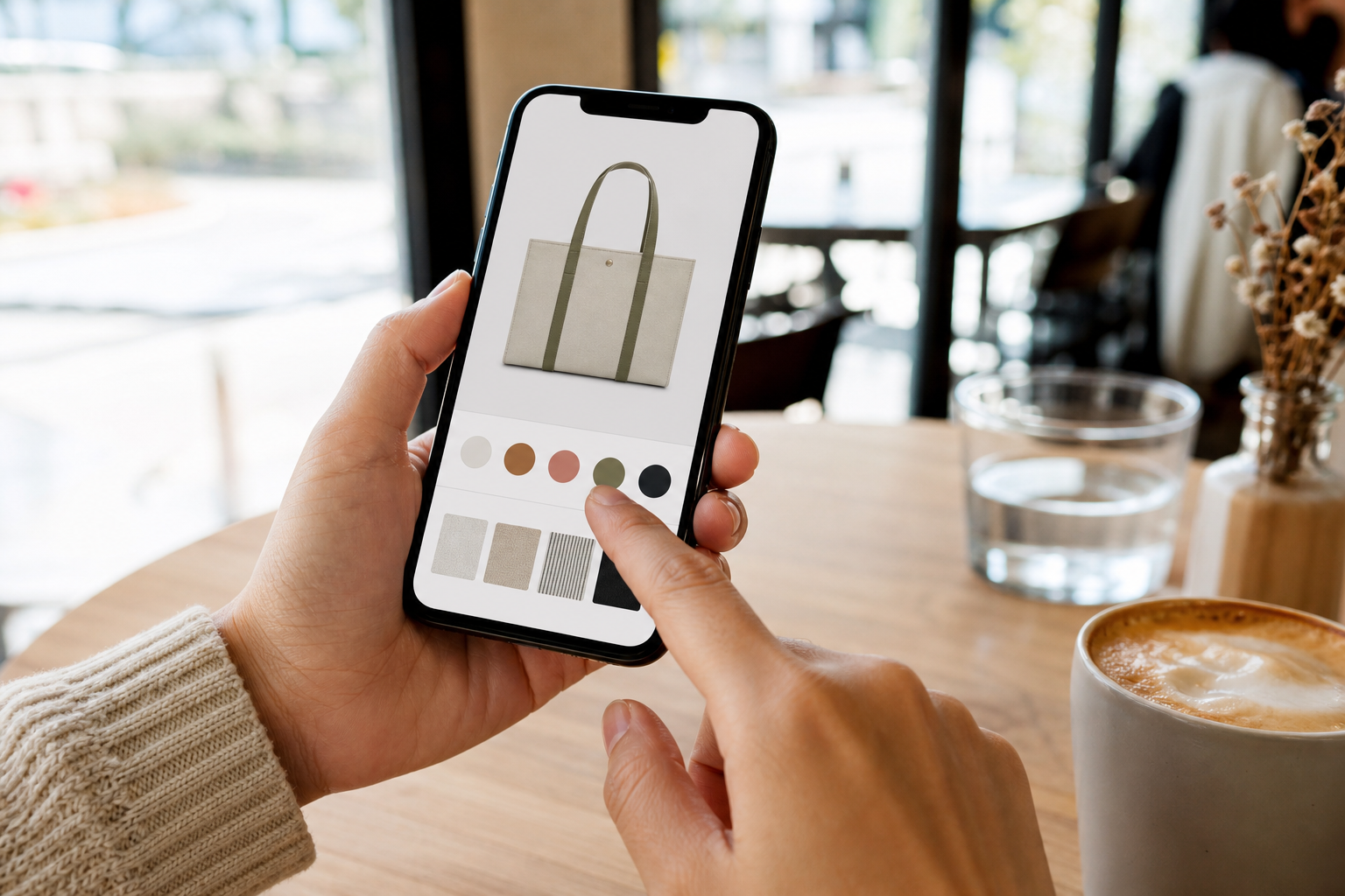 Person customizing a product on a smartphone in a bright cafe while shopping online