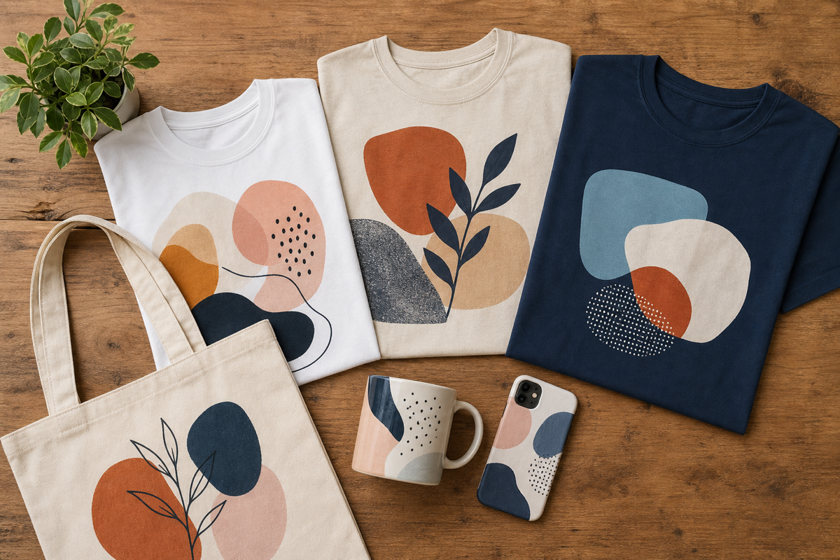 Top-down flat-lay of custom-printed products including t-shirts, a tote bag, a ceramic mug and a phone case on a wooden table