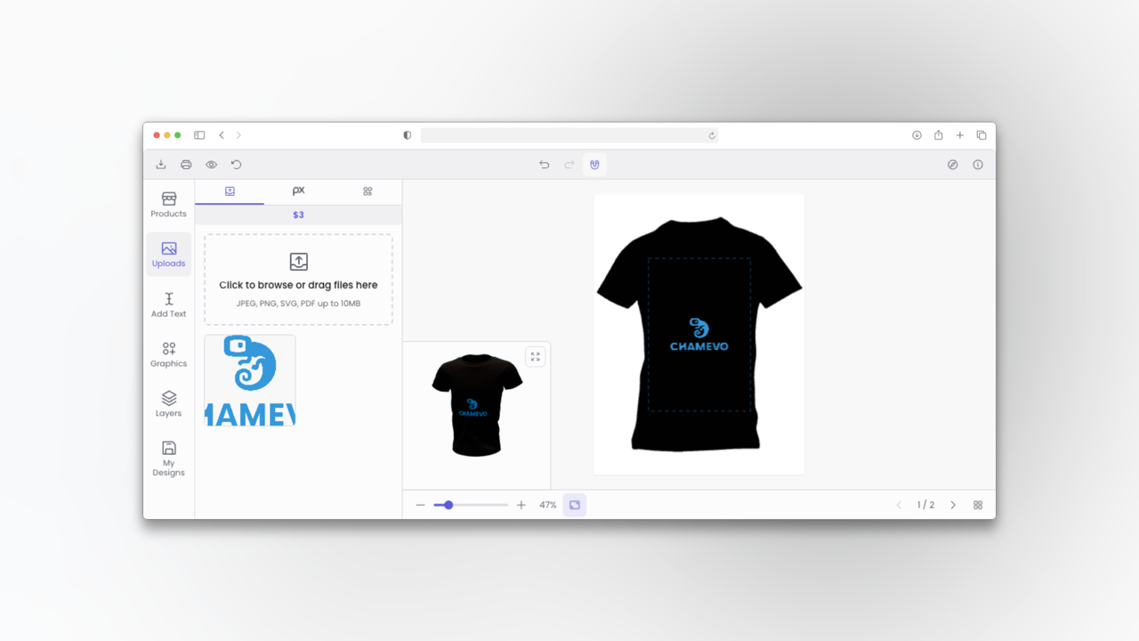 Chamevo product customizer in a WooCommerce store showing a black t-shirt with a live logo preview, an uploads panel, and a real-time product mockup