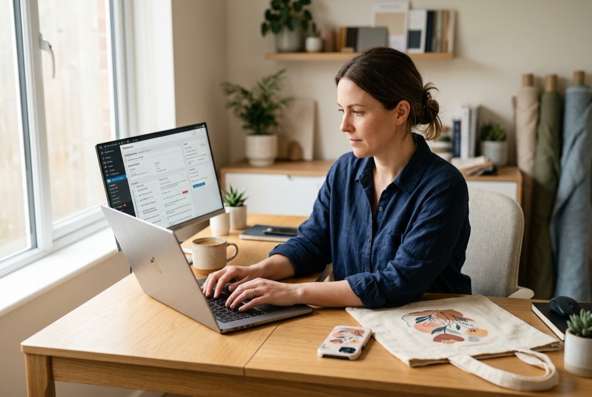 E-commerce merchant migrating a WooCommerce store from Fancy Product Designer to Chamevo on a laptop, with custom-printed sample products on the desk