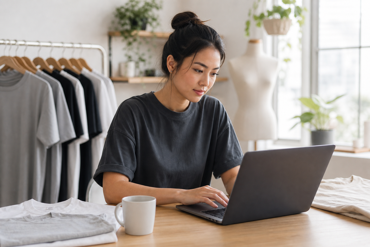 Print-on-demand merchant generating custom t-shirt designs with AI tools on a laptop in a small studio