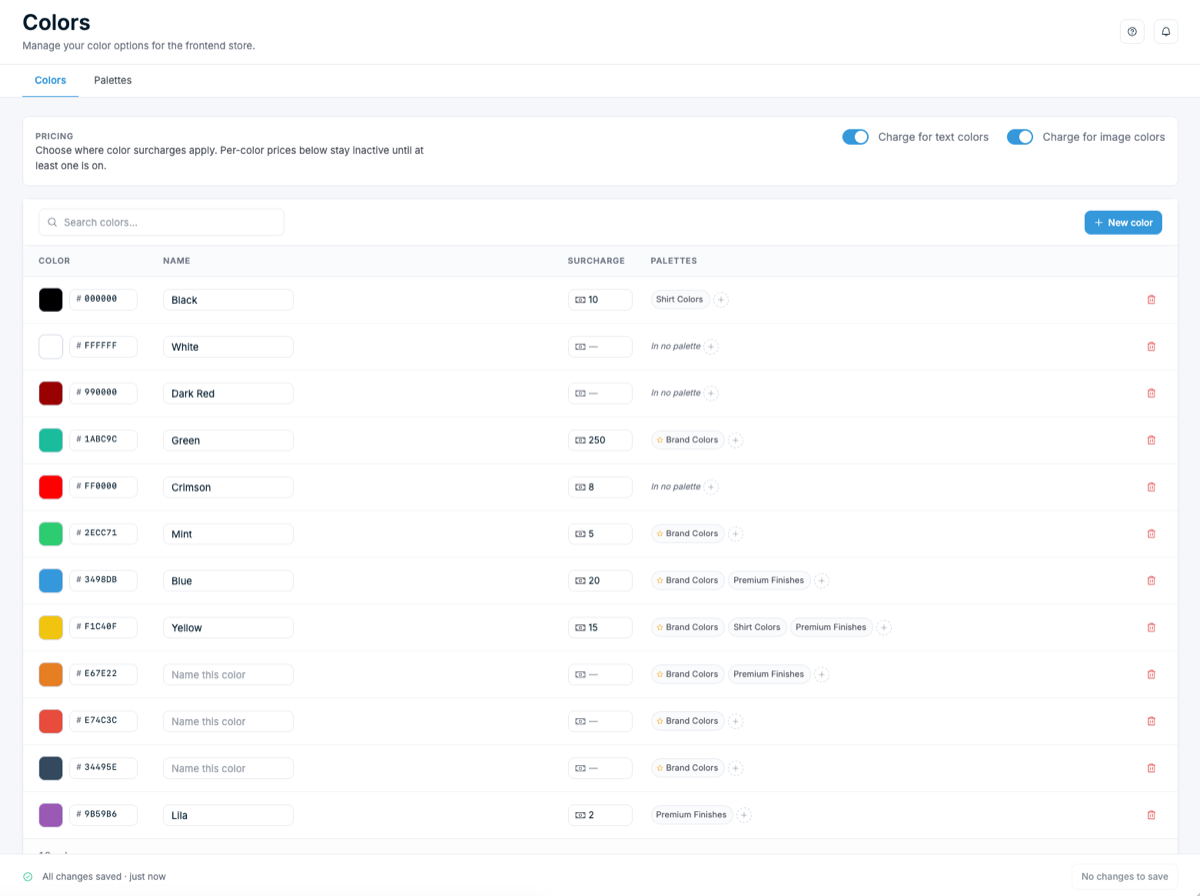 The new Chamevo color management hub showing a list of named colors with hex values, per-color surcharges, and assigned palettes such as Brand Colors and Shirt Colors