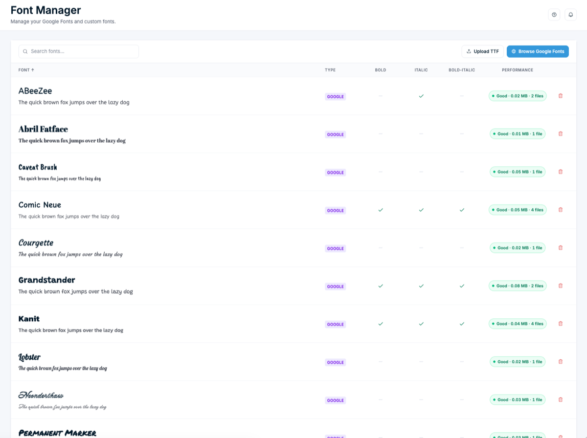 The redesigned Chamevo Font Manager showing a searchable list of Google Fonts with live previews, weight options, and file-size indicators