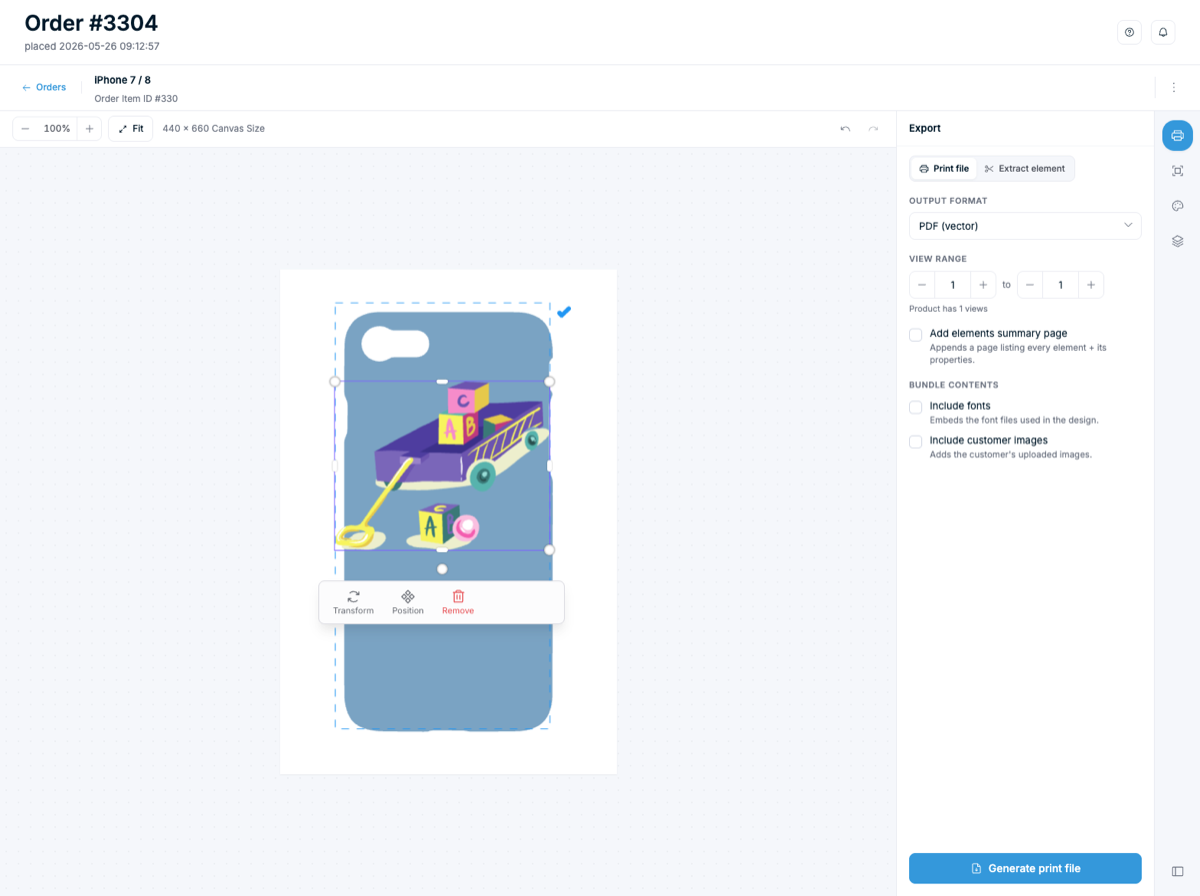 The redesigned Chamevo order viewer showing a customized phone case design alongside an export panel with PDF vector output and a generate print file button