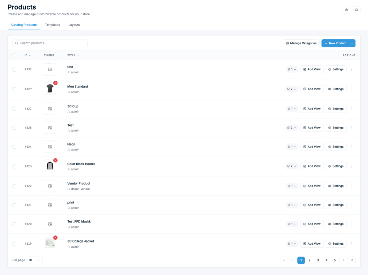 The redesigned Chamevo Products screen showing the catalog of customizable products with tabs for catalog products, templates, and layouts