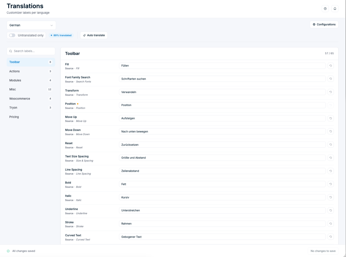 The new Chamevo translations page showing German translations of frontend customizer labels grouped by category, with a translation progress indicator and an auto translate option