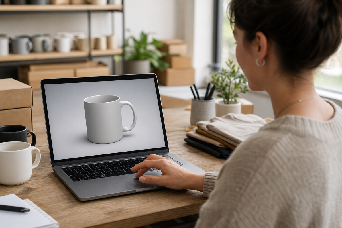 E-commerce merchant rotating an interactive 3D product preview of a custom mug on a laptop while setting up a WooCommerce store