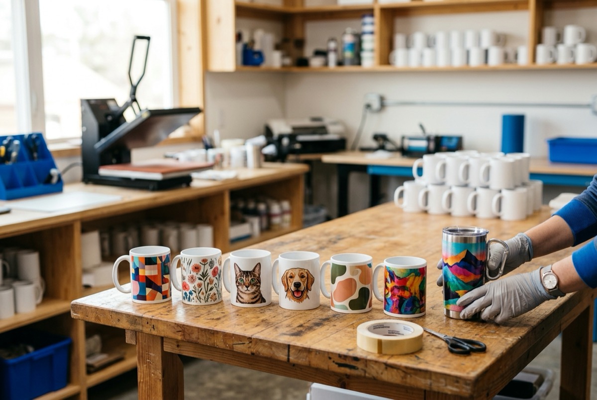Row of freshly printed personalized mugs with colorful designs and a custom tumbler on a workshop table, with a mug heat press and blank mugs in the background