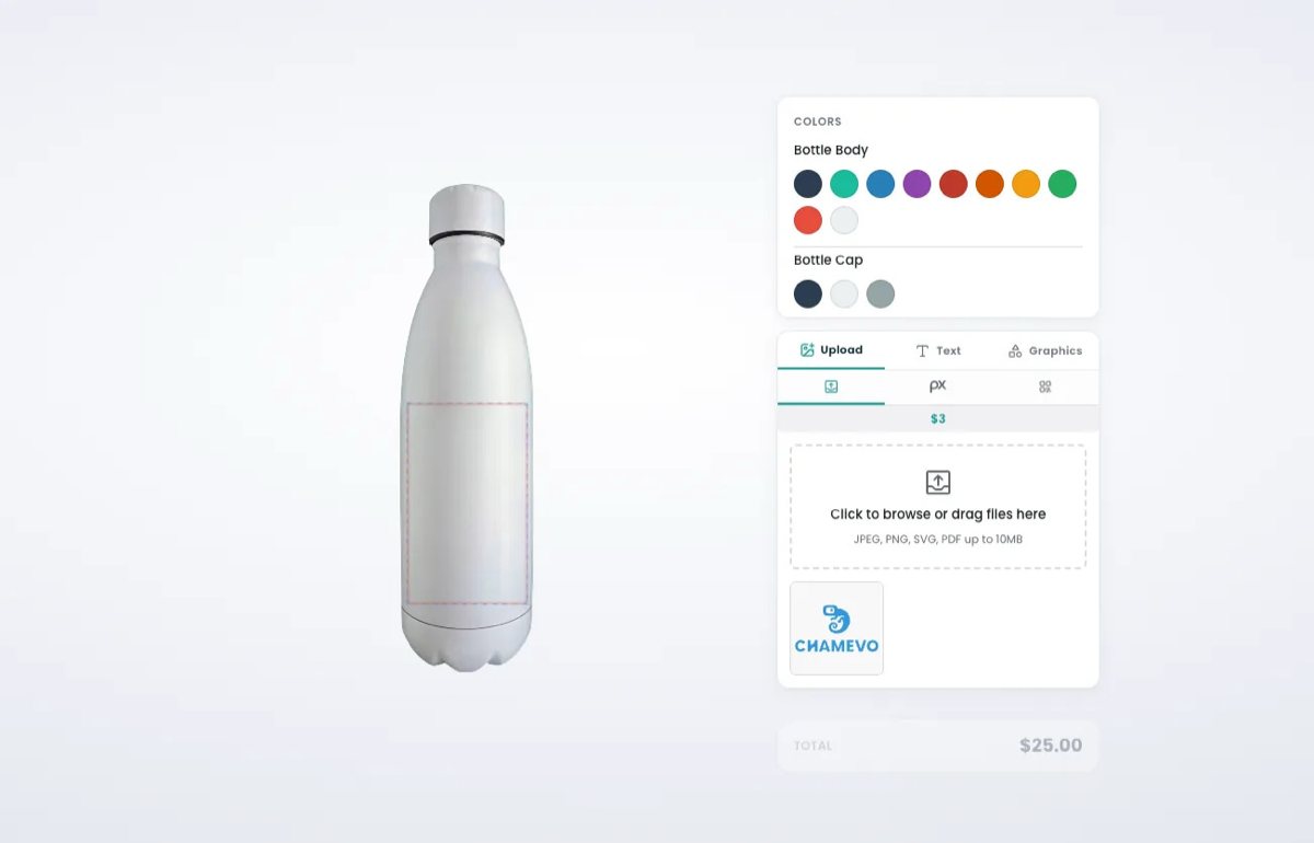 Chamevo drinkware customizer on a WooCommerce product page showing a stainless bottle with a defined print area, body and cap color swatches, photo upload panel, and live price