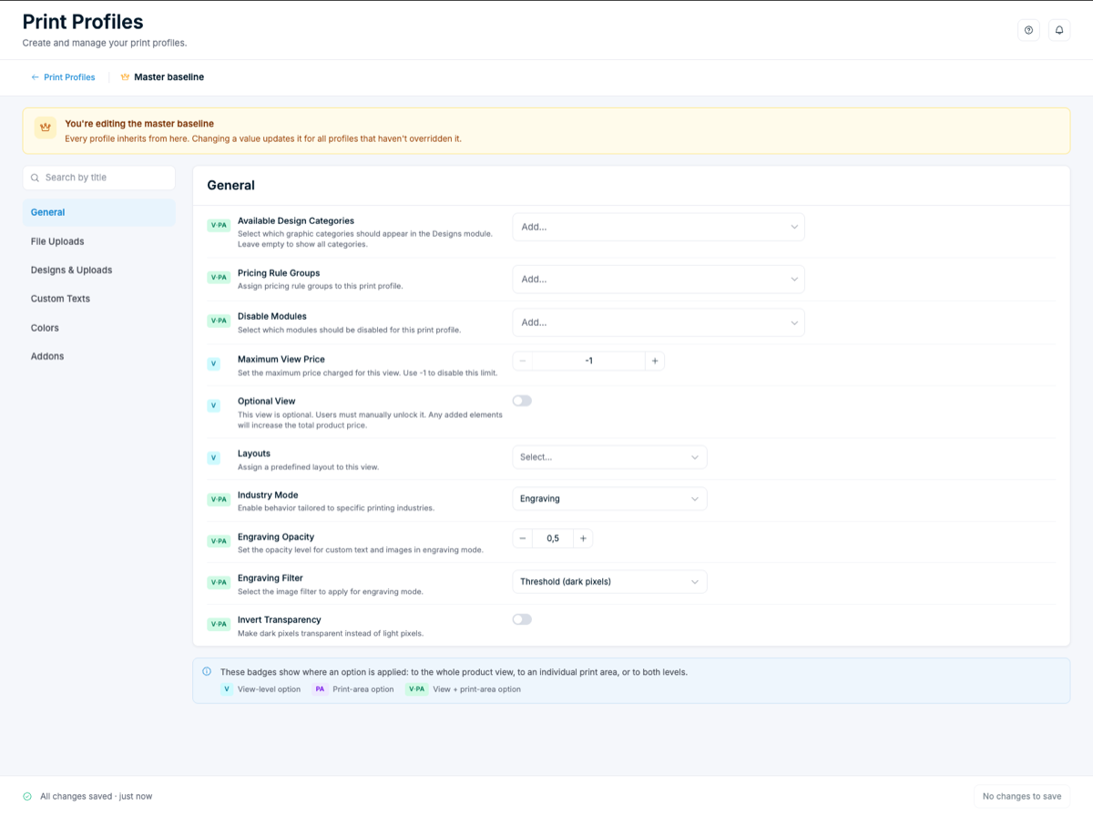 Chamevo Print Profiles admin screen showing the master baseline print profile with general settings such as design categories, pricing rules, and industry mode for print-ready output