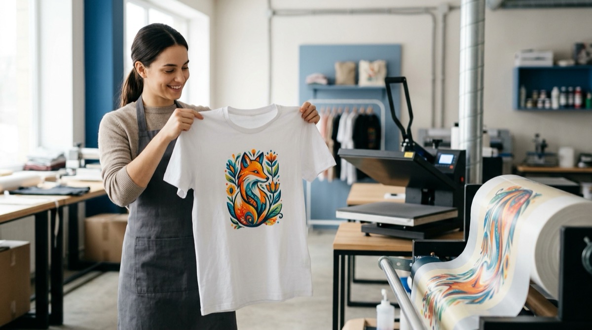 Print shop worker in an apron holding up a freshly DTF-pressed custom t-shirt, with a heat press and a roll of printed transfer film in the background
