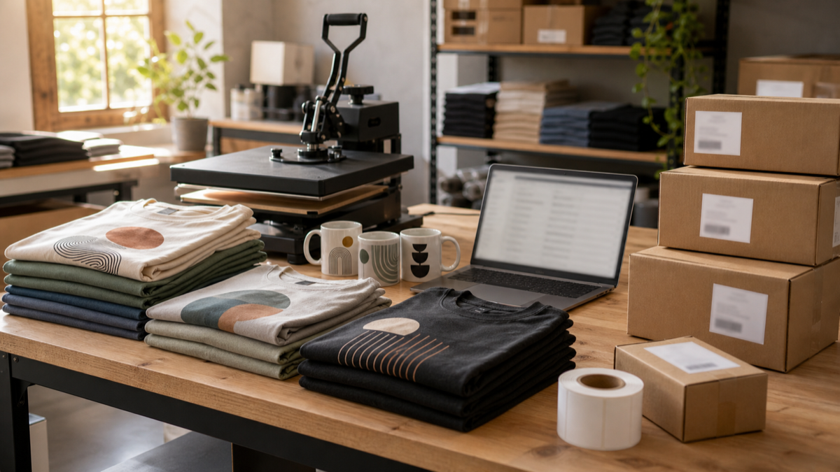 Print workshop worktable during a busy order run with stacked printed t-shirts, printed mugs, a heat press, and packing boxes waiting to be sealed