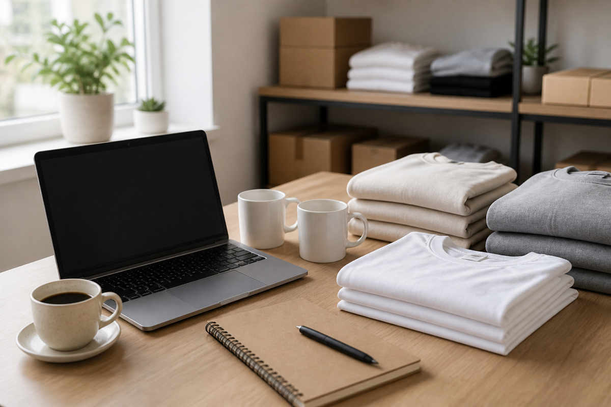 A small print shop workspace with an open laptop, a notebook, and stacks of folded blank t-shirts and plain mugs ready for personalized orders