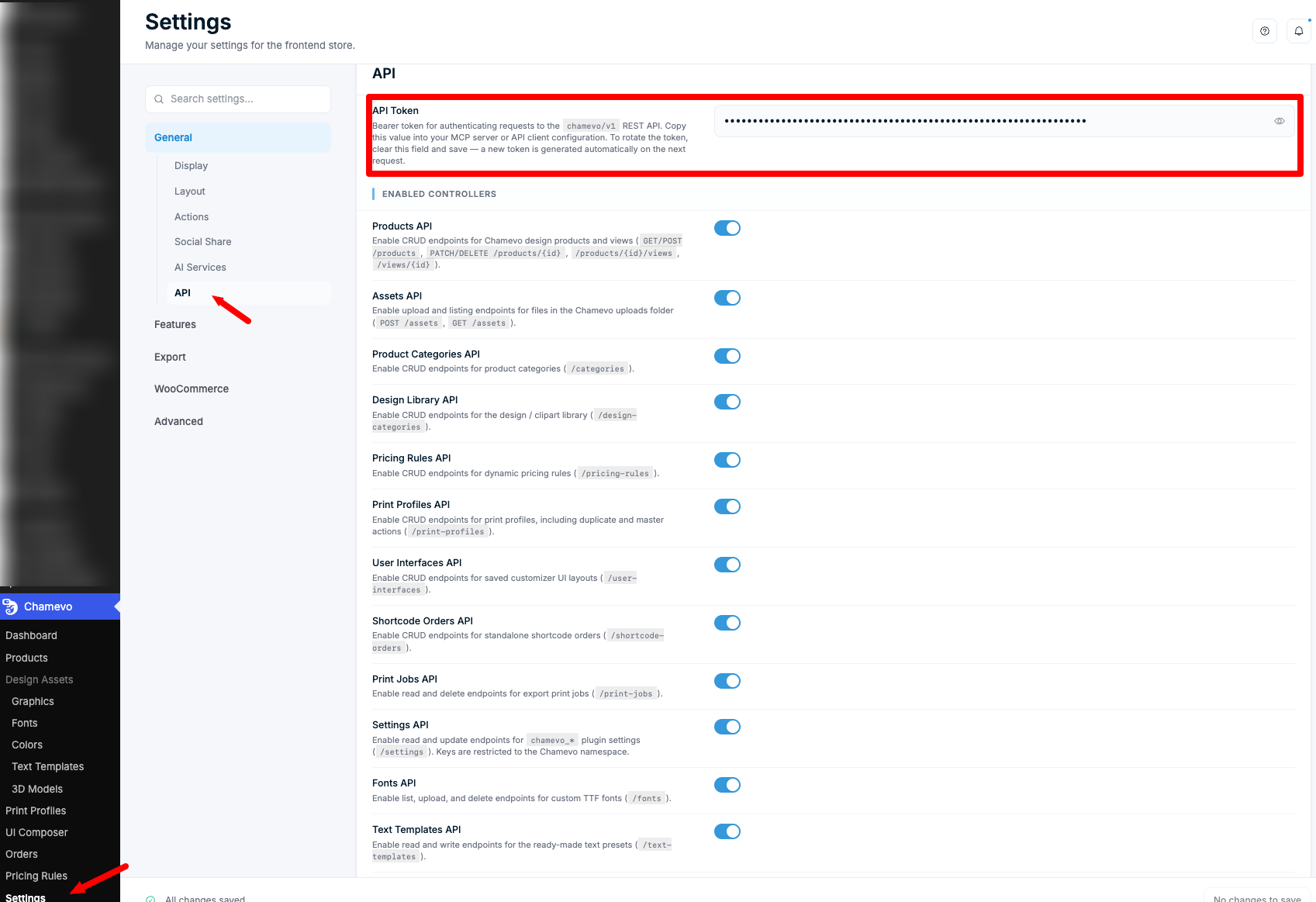 The Chamevo API settings screen in WordPress showing the read-only API Token field and the list of enabled API controllers