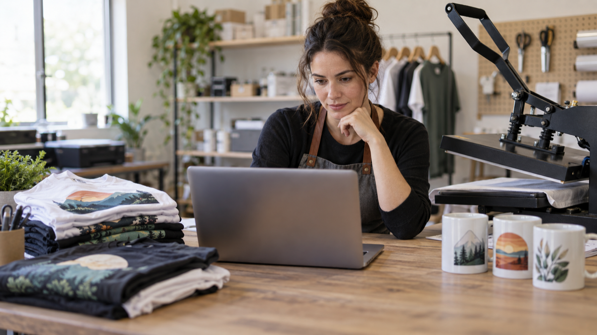 Print shop owner reviewing a custom order on a laptop next to a heat press, printed t-shirts, and personalized mugs