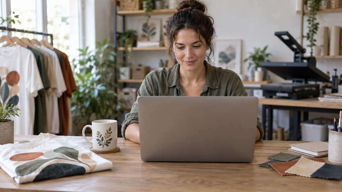 Small print shop owner working on a laptop at a wooden desk with a printed t-shirt, a personalized mug, and fabric swatches beside her