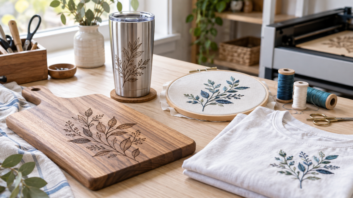 Engraving and embroidery workbench with an engraved wooden cutting board, an engraved steel tumbler, an embroidery hoop, and a folded custom t-shirt