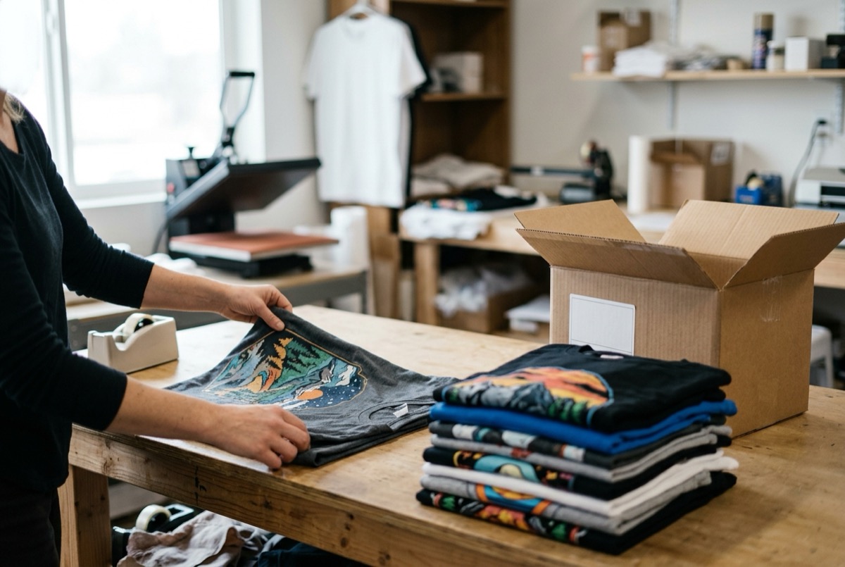 Print-on-demand worker folding a freshly printed custom t-shirt beside a stack of printed apparel and a shipping box in a small fulfillment workspace