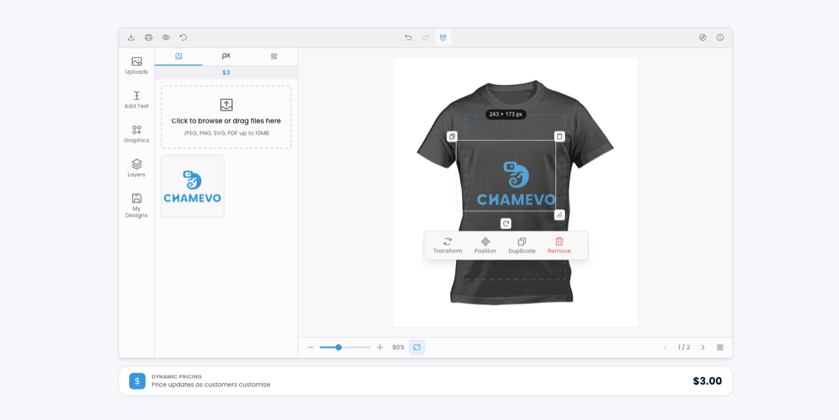 Chamevo visual product customizer on an apparel product showing image upload, add text, graphics and layers tools, a marked print zone on a t-shirt, and live dynamic pricing